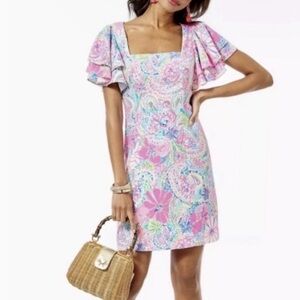 Lilly Pulitzer Pink Paisley Square-Neck Flutter Mini Dress